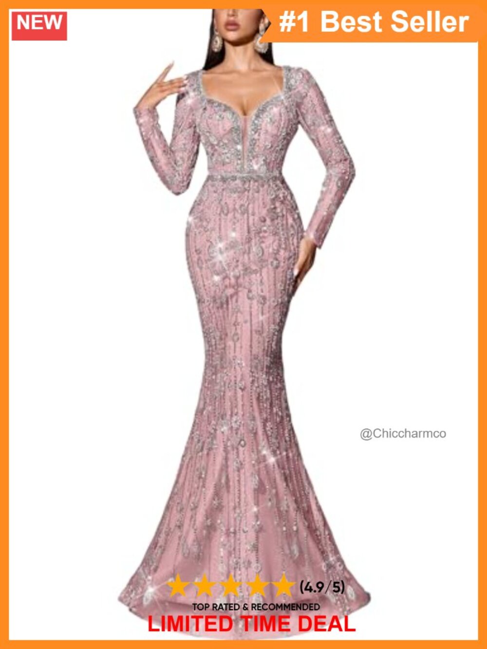 Sequin Beaded Mermaid Prom Dress Long Sleeve Evening Gown Formal